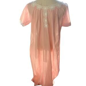Vintage George Hatab Pink/White Lace Trim Short Sleeve Night Gown- L